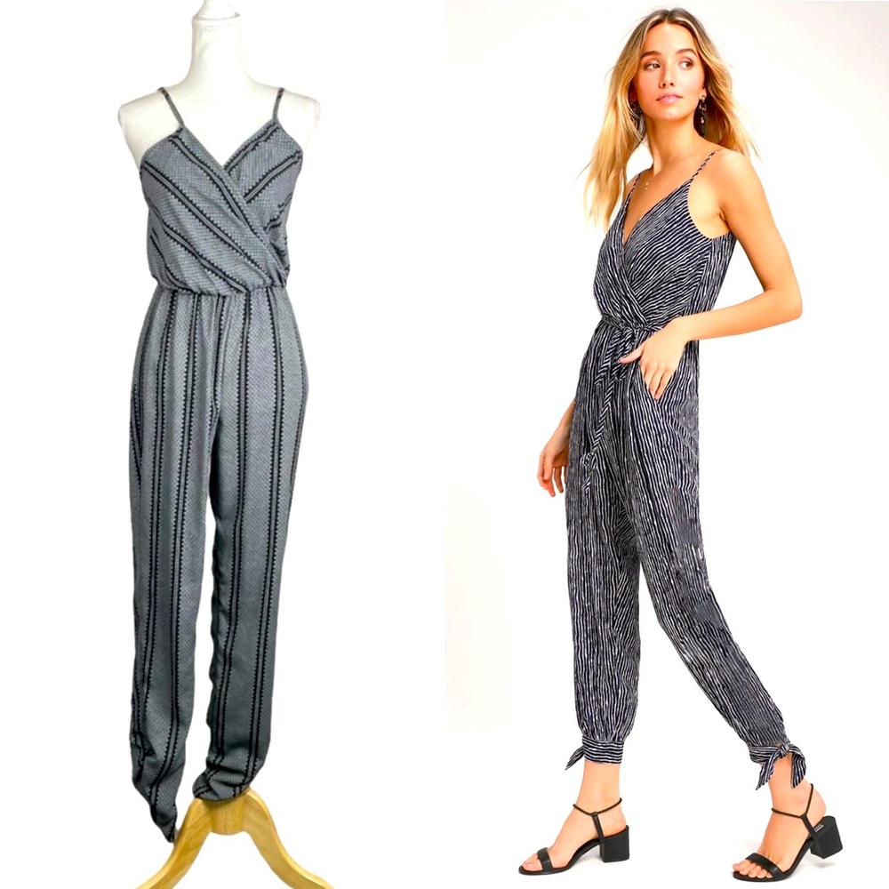 S.H.E. Black & White Spaghetti Strap Retro Print Jumpsuit